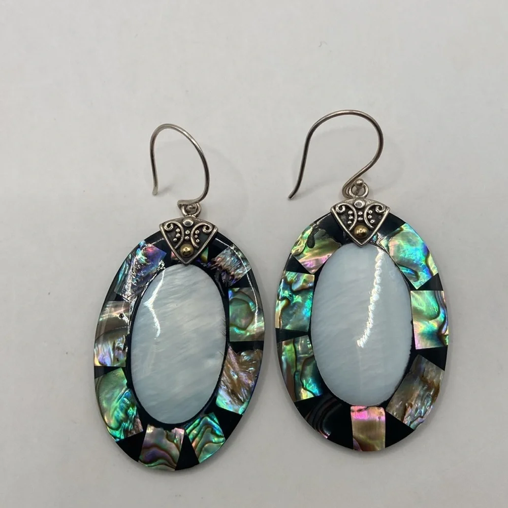 Robert Manse Sterling Silver 18K Abalone Mother of Pearl Earrings 2 1/4”L - Picture 9 of 13